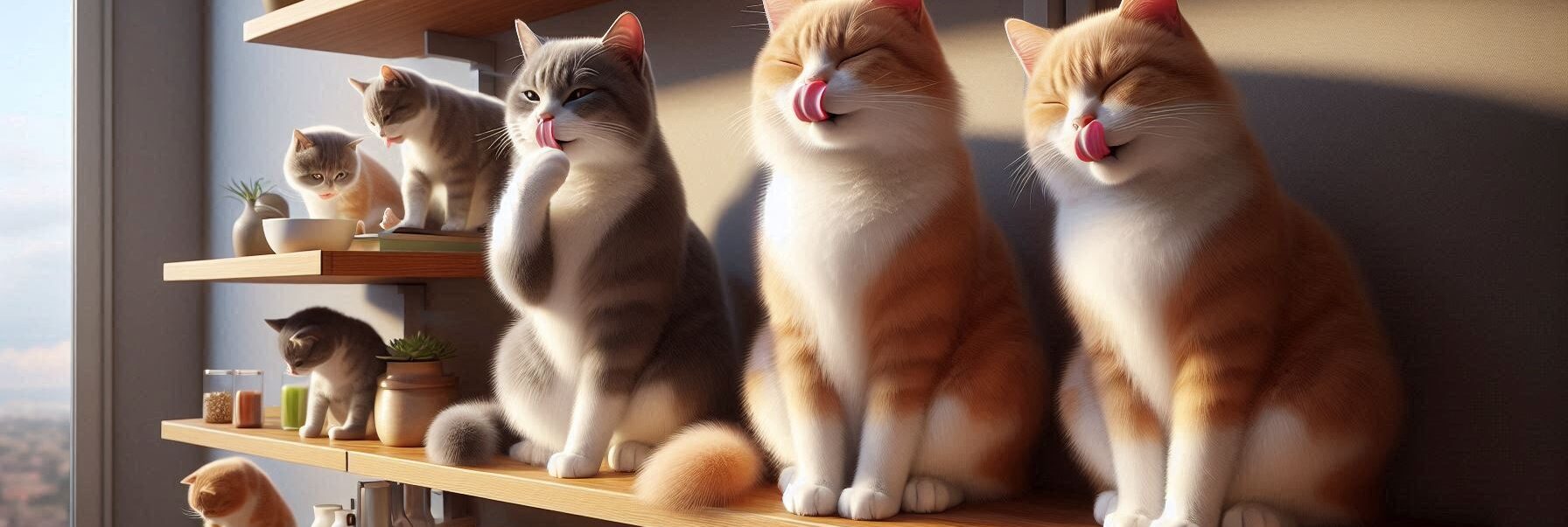 Cats Sitting on Shelves and Licking Their Paws