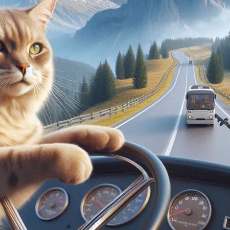 Cat Driving a Bus Down a Mountain Road