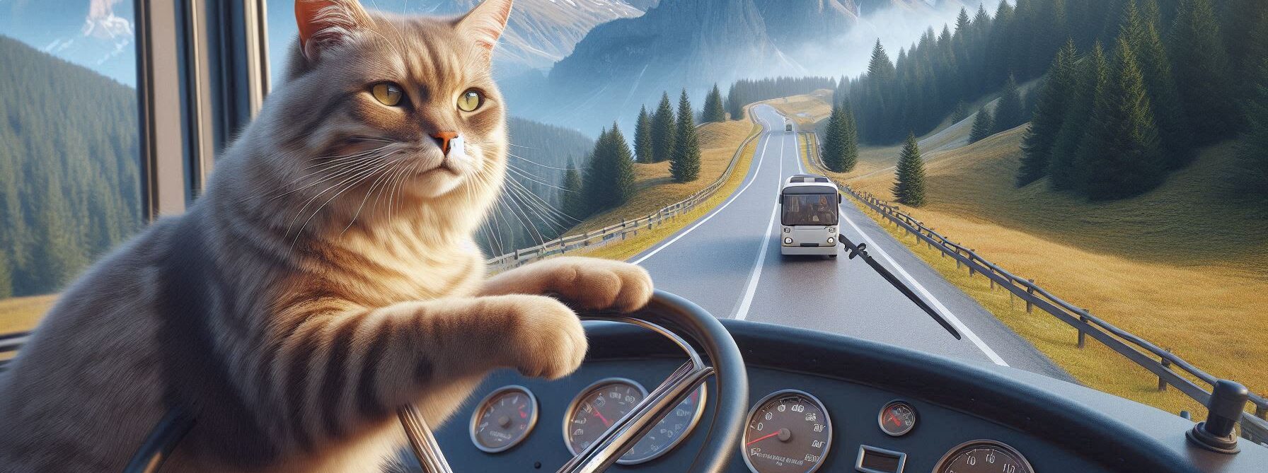 Cat Driving a Bus Down a Mountain Road