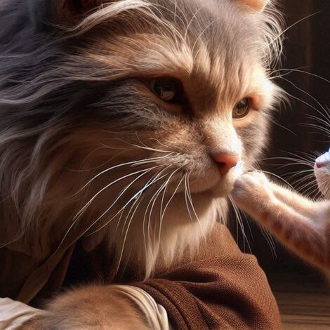 Elderly Cat Playing with a Kitten