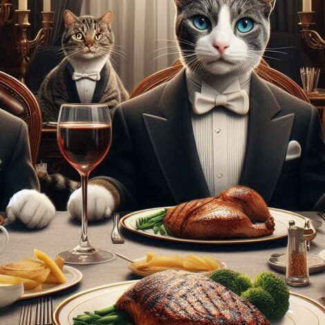 Cats Sitting Down to a Formal Steak Dinner