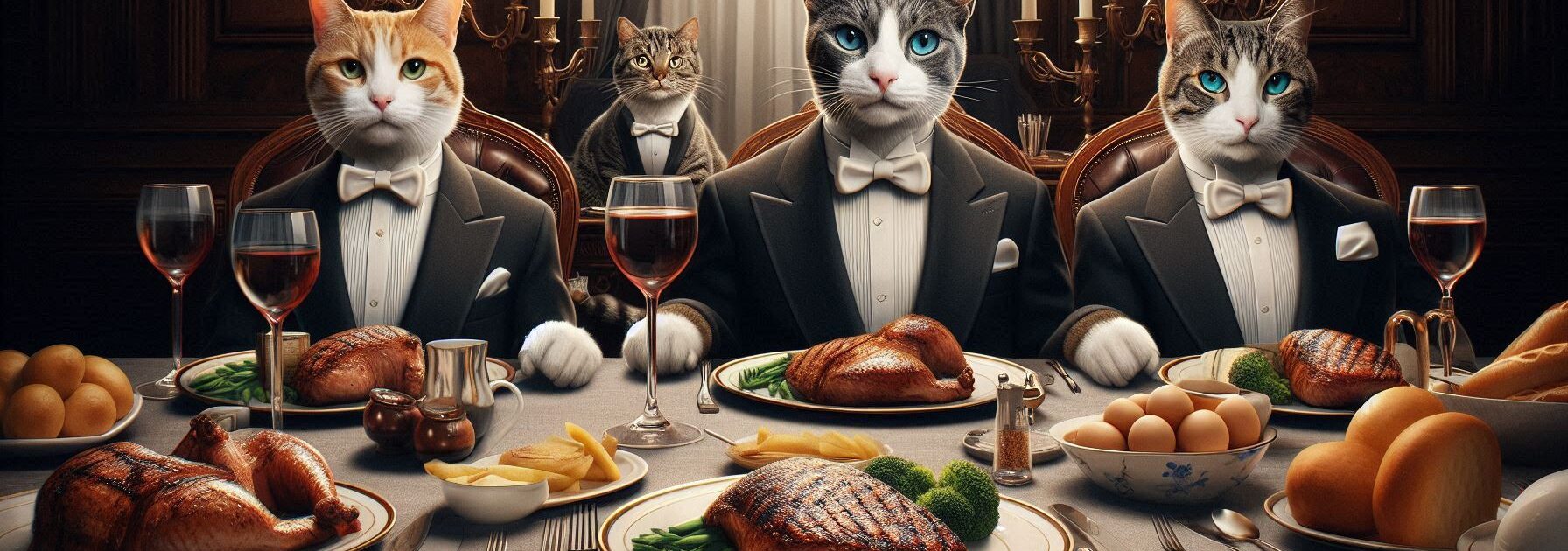 Cats Sitting Down to a Formal Steak Dinner