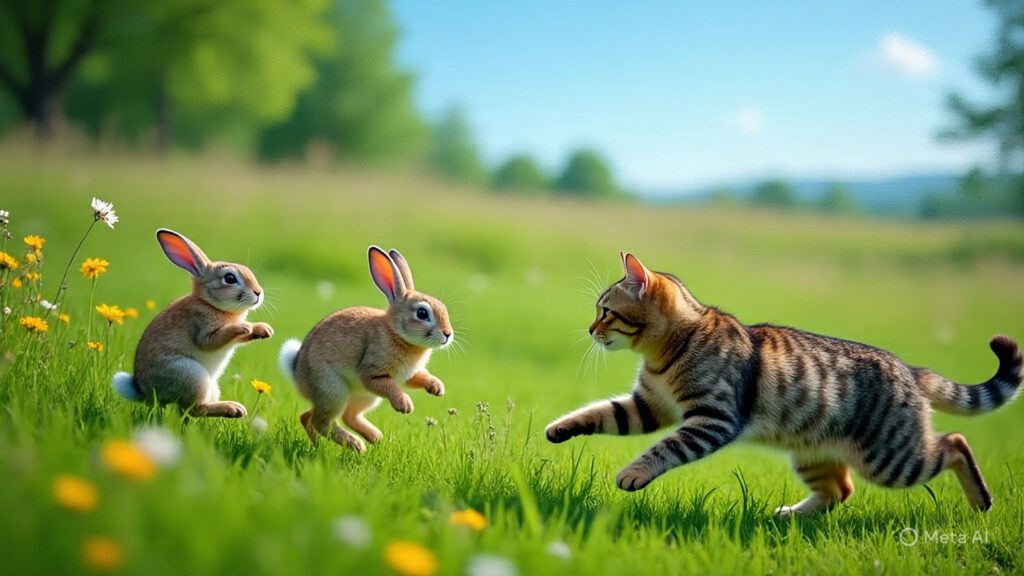 Cat Chasing a Bunny