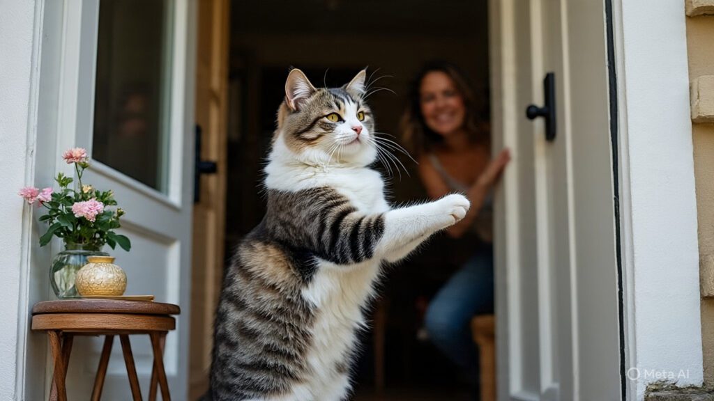 Cat Greeting Woman at the Front Door