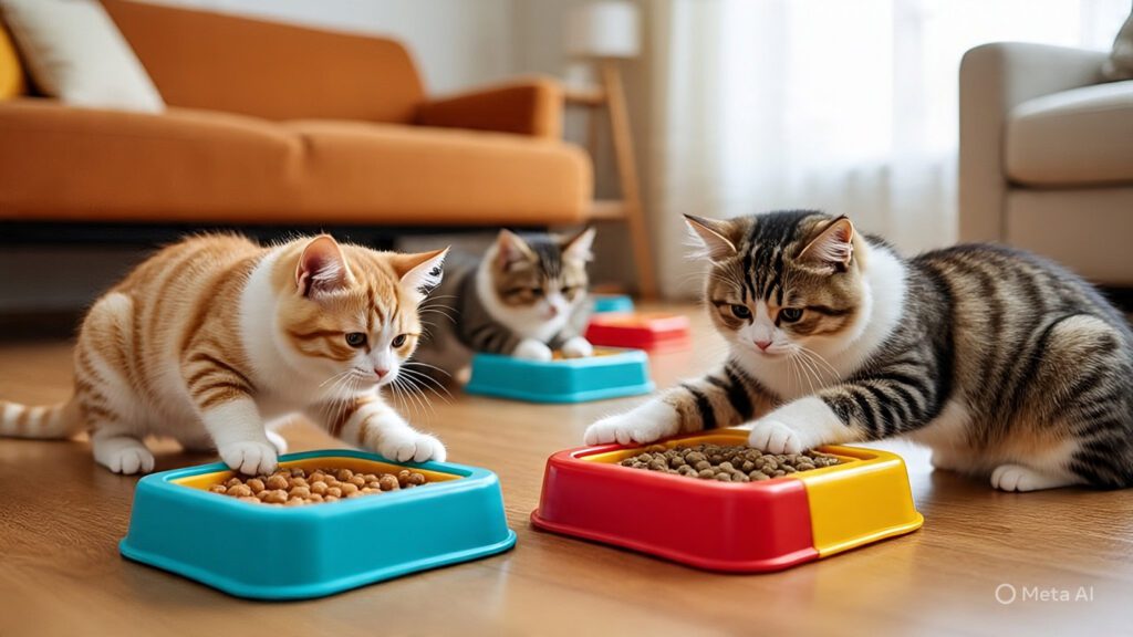 Cats Playing with Puzzle Feeders