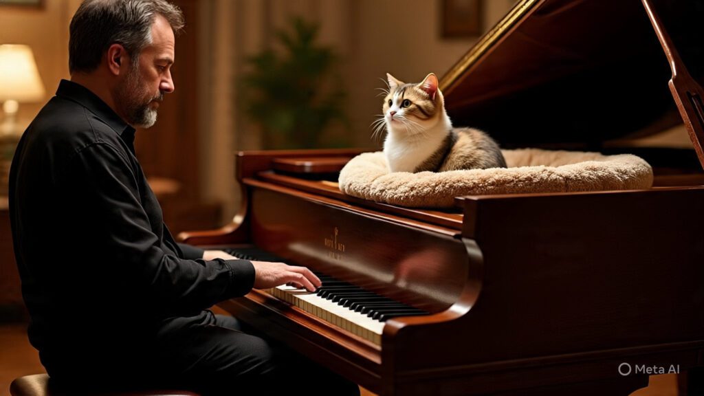 Cat on Cat Bed on Top of Piano Watching a Man Play the Piano