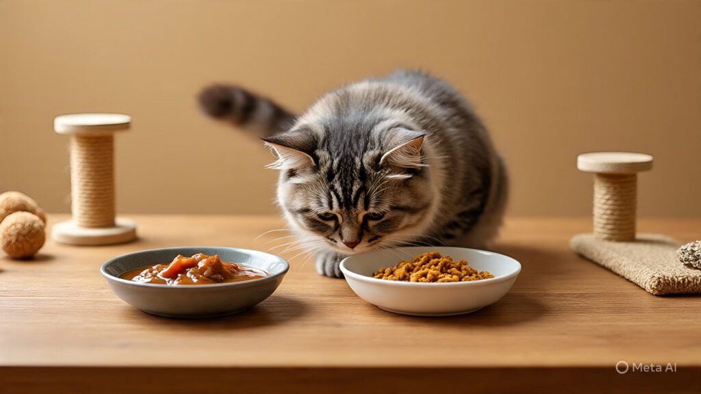 Cat with One Bowl of Wet Food and One Bowl of Dry Food