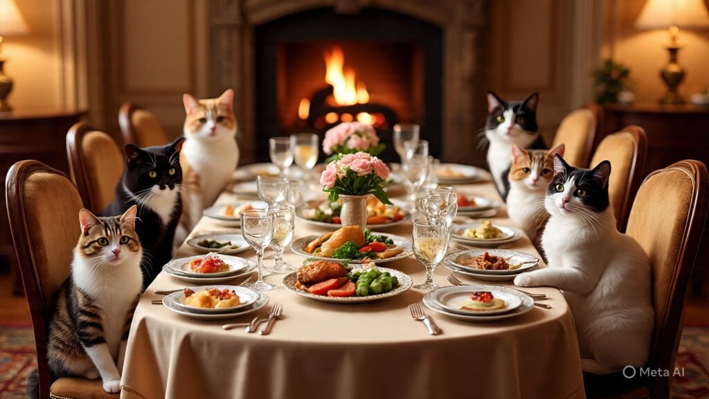 Cats Sitting at the Dinner Table for a Feast