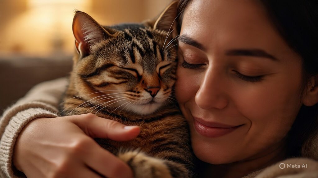 A Cat Cuddling with Her Human