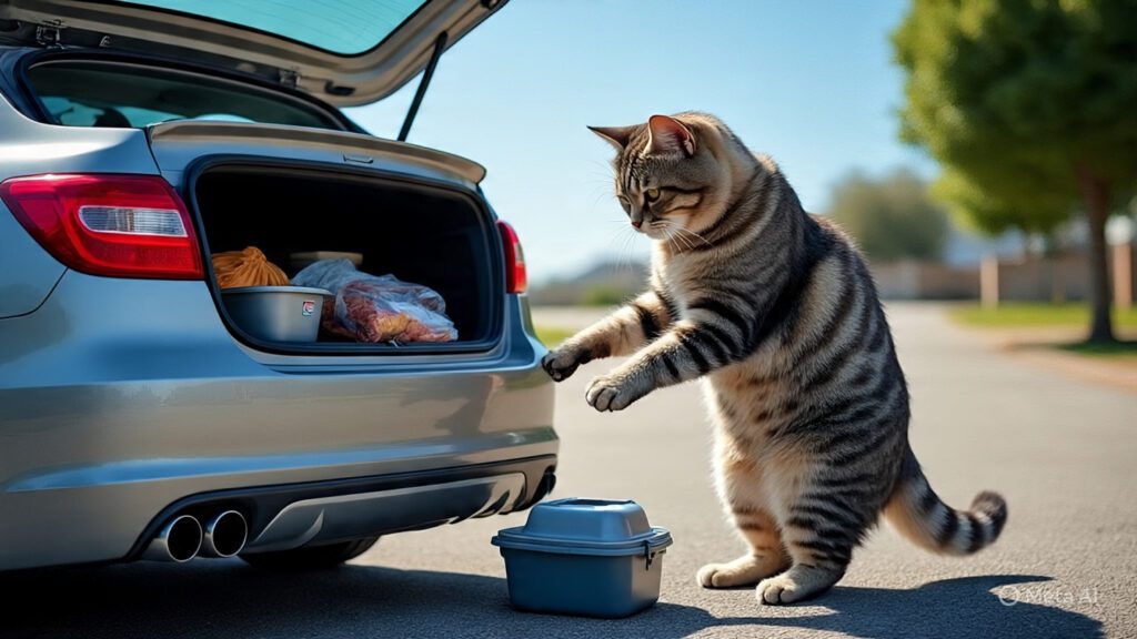 Cat Packing Supplies into a Car for a Road Trip