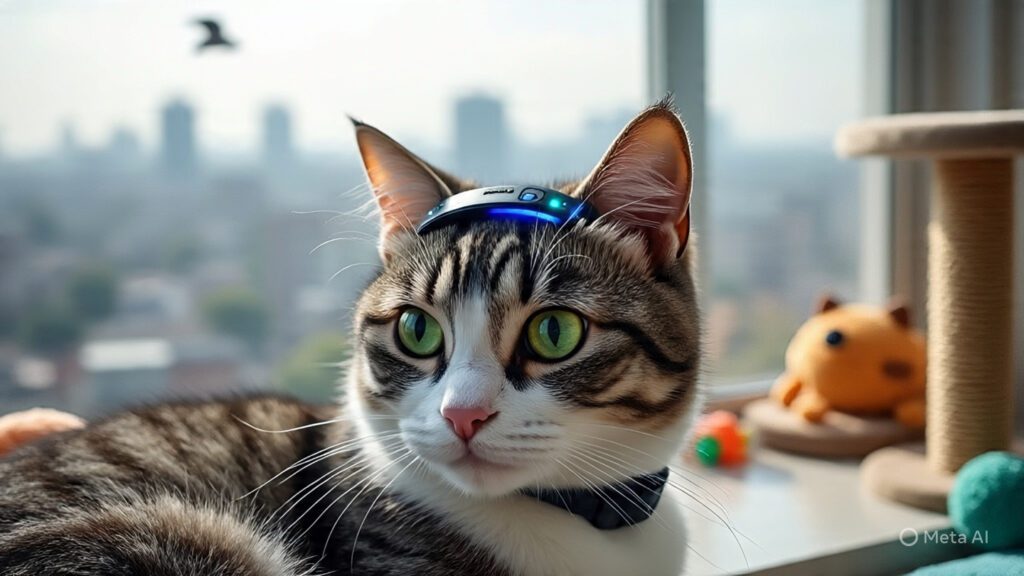 Cat Wearing a GPS Tracker and an Electronic Headband Gadget