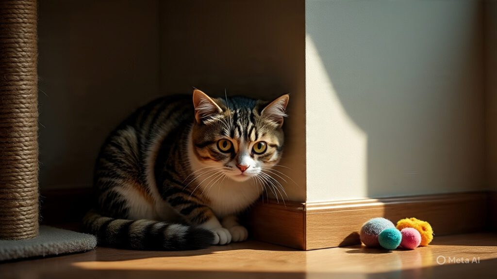 Scared Cat Hiding in a Corner