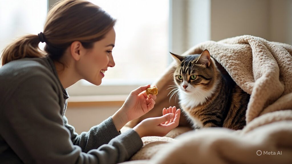 Woman Trying to Coax a Cat Out of her Safe Spot