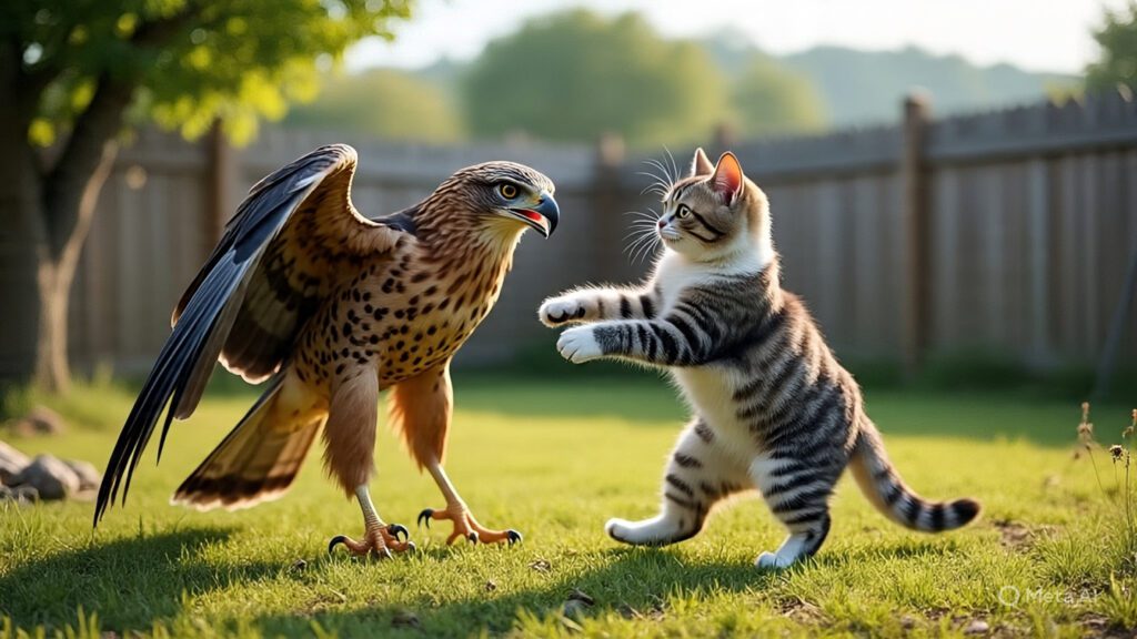 Cat Fighting Off a Hawk Attack