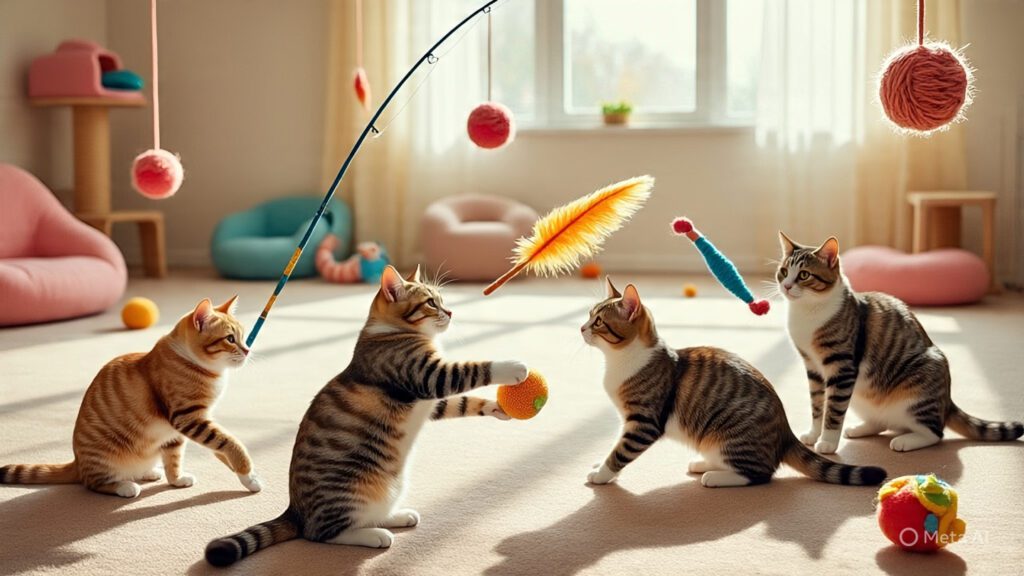 Cats Playing with a Lot of Interactive Toys