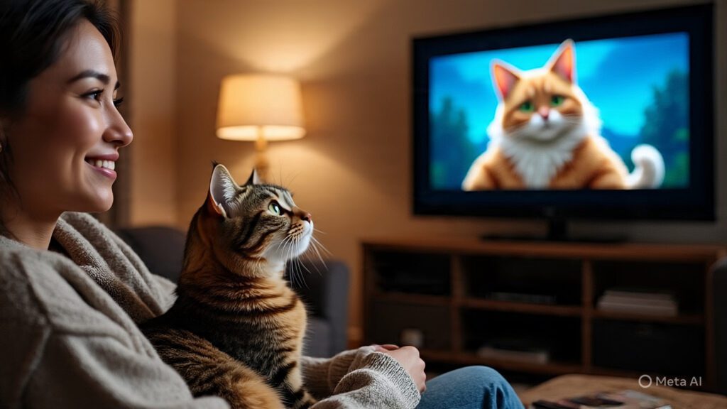 Woman and Cat Watching Puss and Boots Together