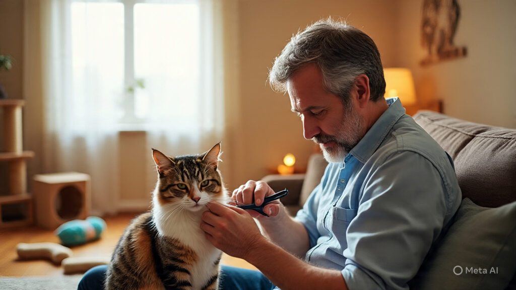 Man Carefully Grooming his Cat