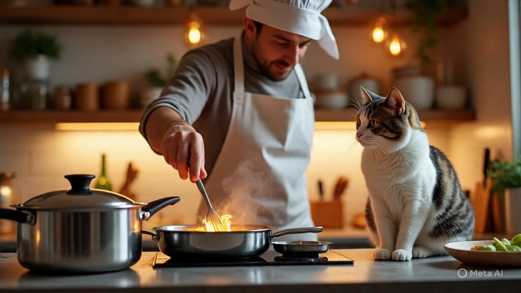 Man Cooking Dinner for His Cat