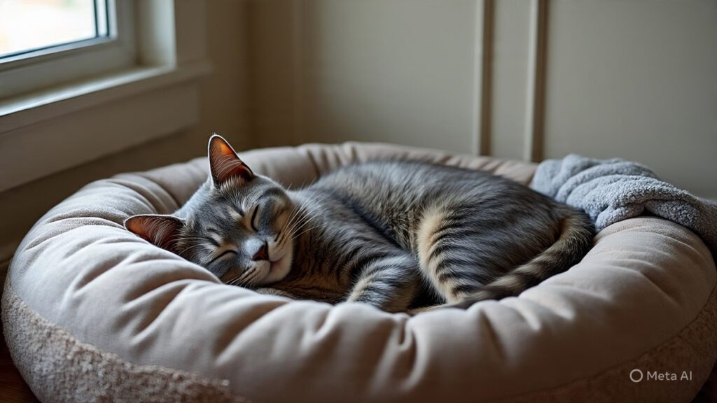 Cat Stretched Out Sleeping in Her Luxurious Cat Bed
