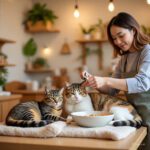 Cats Being Fed and Groomed