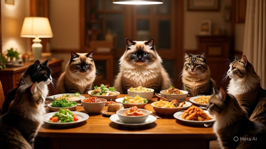 Cats Gathering for Their Dinner