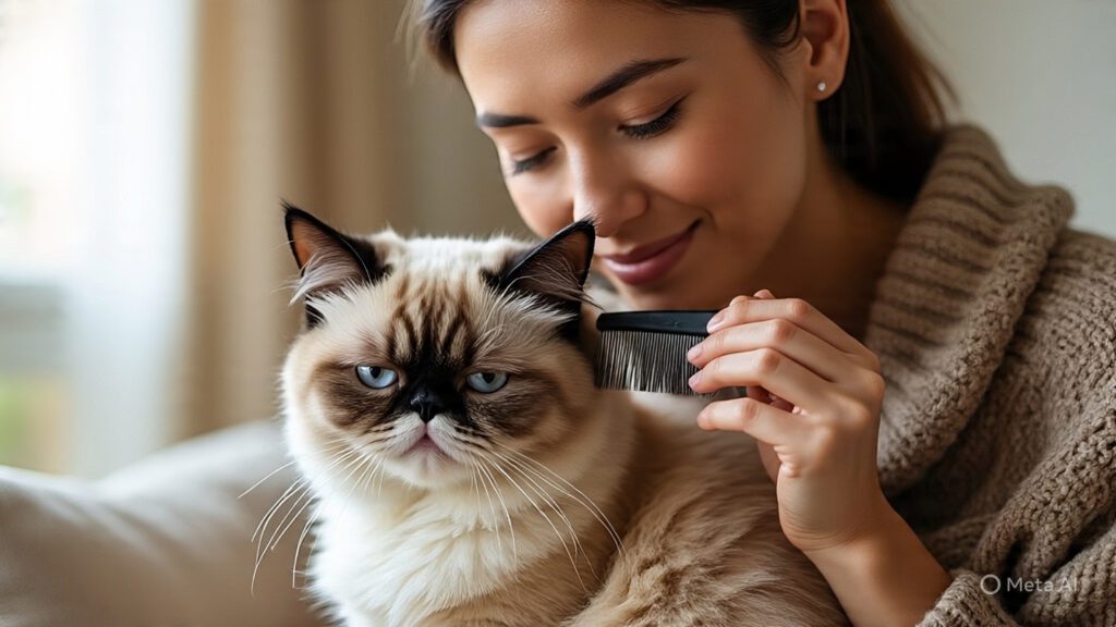 Woman Carefully Grooming Her Grumpy Cat
