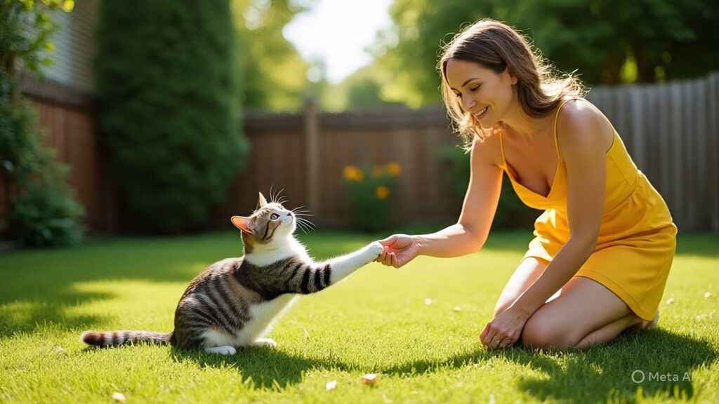 Woman Training a Cat to do Tricks in the Backyard