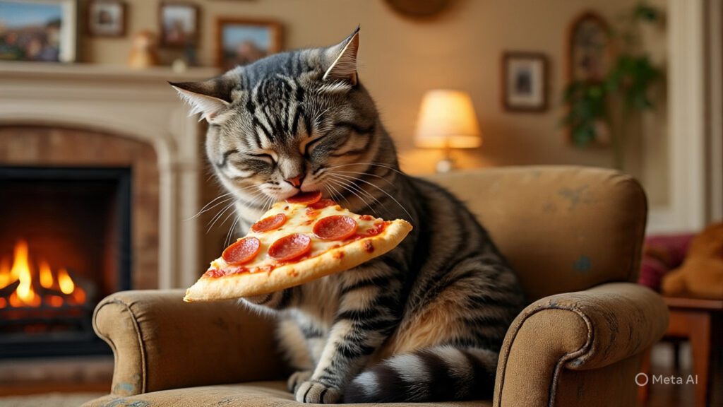 Older Cat Eating a Pizza